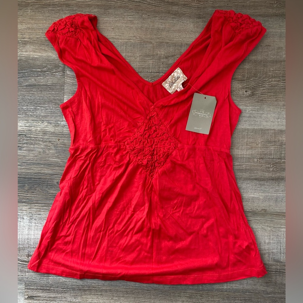 Anthropologie Deletta Beso Top Red Double V-neck Smock Babydoll Y2K Boho Cap Slv